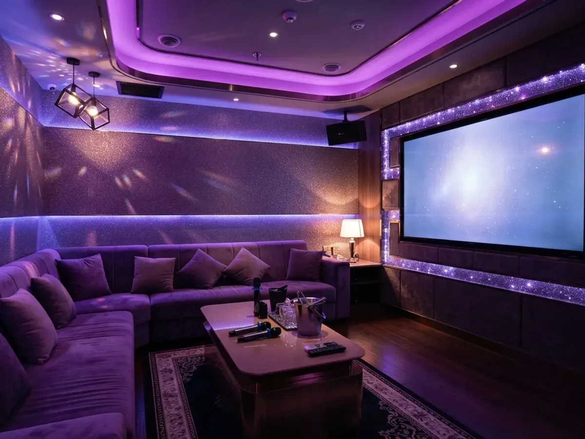 Modern empty karaoke private room with comfortable sofa and ambient lighting